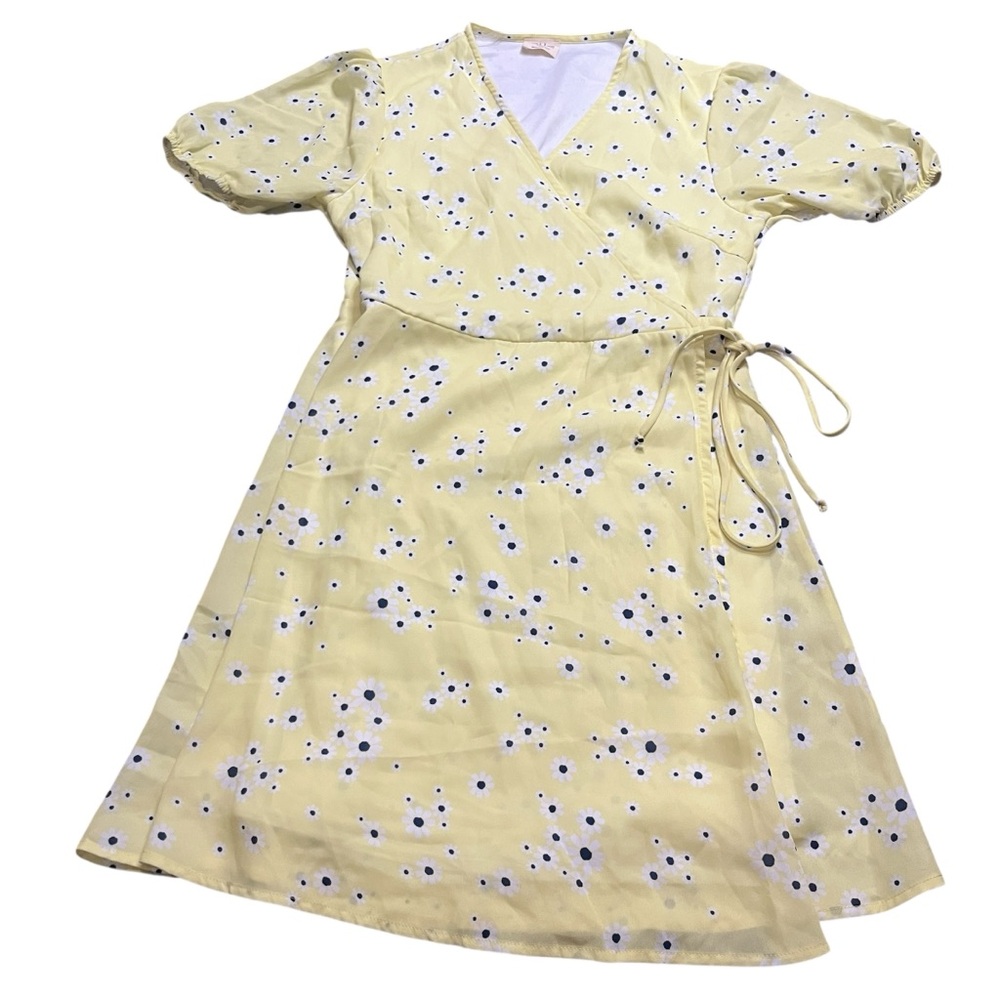 Peach Love Womens Yellow Daisy Wrap Dress Short Sleeve Size Large